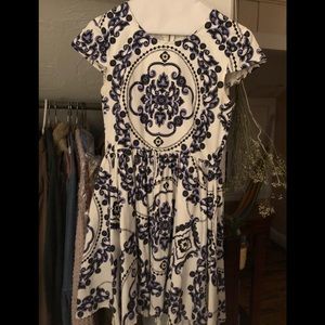 Blue and white print dress